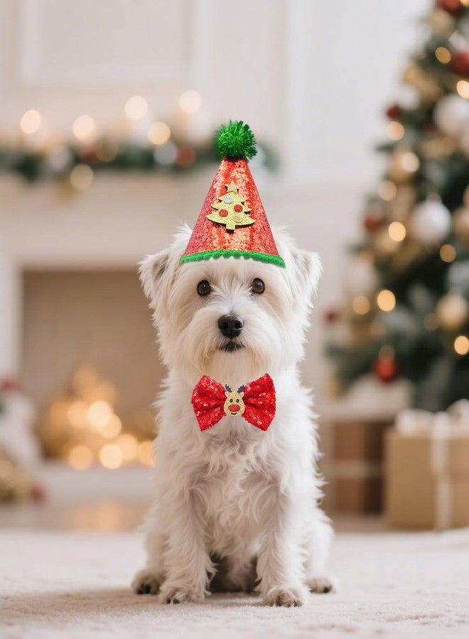 PET SHOW 4pcs Christmas Small Dogs Hats and Bowties Sets Red Green Holiday Cat Party Hat with Bow Ties Puppies Kittens Grooming Accessories Costumes (Christmas) - Image 5